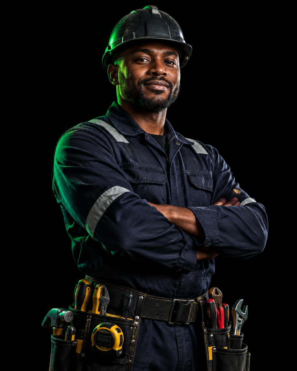 Confident Nigerian tradesman with a tool belt, arms crossed, lit against a black studio background