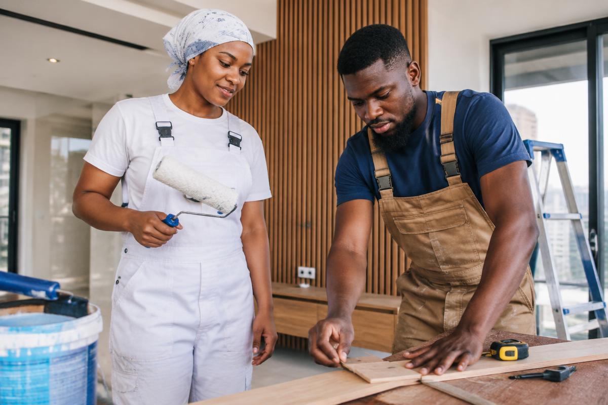 Nigerian painter and carpenter collaborating on finishing work in a bright modern apartment